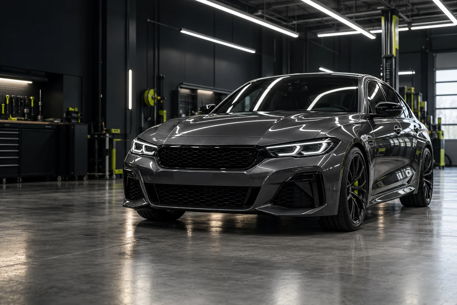 Berline gris graphite dans un atelier de carrosserie contemporain